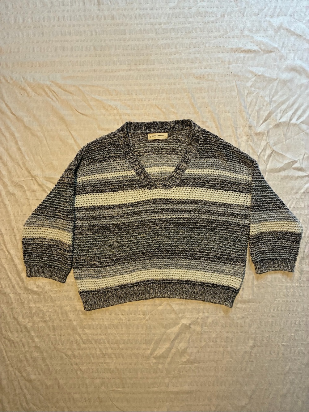 Lucky Brand Striped V-Neck Open Knit Sweater Gray White Medium